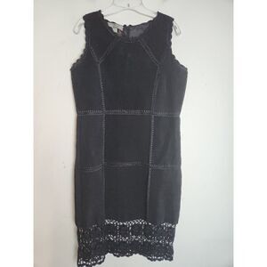 S.M.H Women Black Leather Suede w/ Floral Crochet Detail Sleeveless Dress size 8